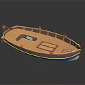 Wooden Small Watercraft With Brown Interior And Blue Striped Design Details