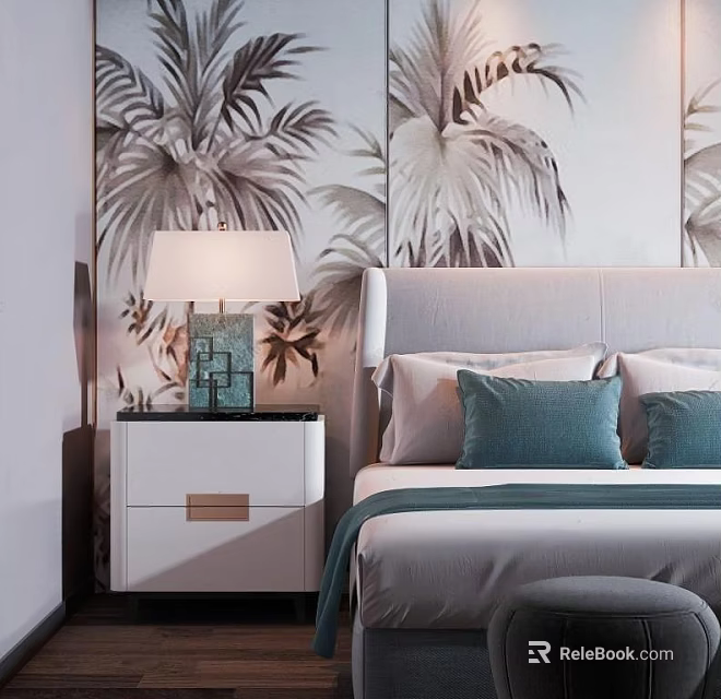 Palm Leaf Wallpaper Background Double Bed With Gray Headboard And Blue Pillows 3d model 