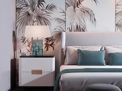 Palm Leaf Wallpaper Background Double Bed With Gray Headboard And Blue Pillows 3d model