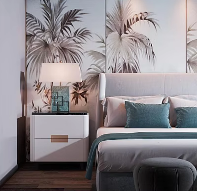 Palm Leaf Wallpaper Background Double Bed With Gray Headboard And Blue Pillows 3d model