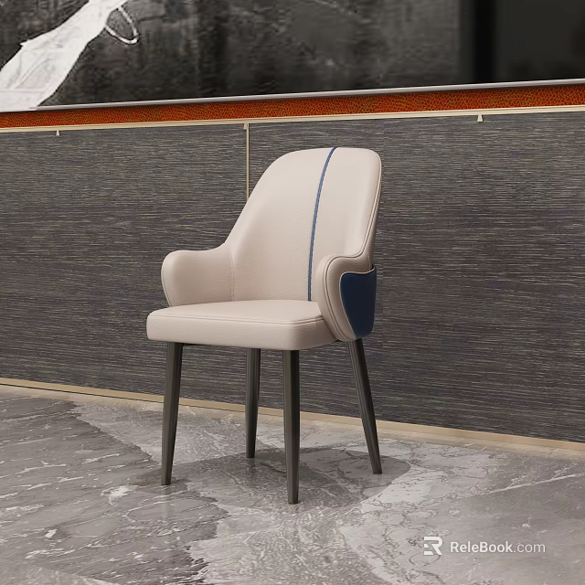 Restaurant Chair With Beige Leather Blue Accent Stripe Black Legs Dark Textured Wall Marble Floor 3d model 