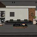 Modern Living Room With Wooden Ceiling Beams Gray Sofa Brick Wall And Wooden Coffee Table