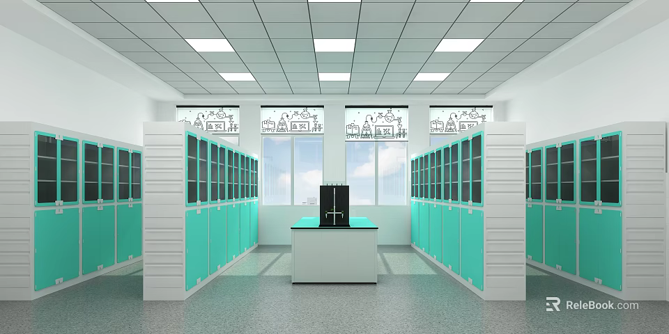 Modern Laboratory Interior With Green Cabinets White Ceiling Square Lights Windows And Central Bench 3d model