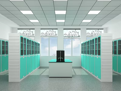 Modern Laboratory Interior With Green Cabinets White Ceiling Square Lights Windows And Central Bench 3d model