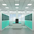 Modern Laboratory Interior With Green Cabinets White Ceiling Square Lights Windows And Central Bench 3d model