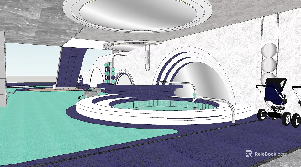 Indoor Kids Play Area With Green Floor Circular Structure And Arched Design 3d model 