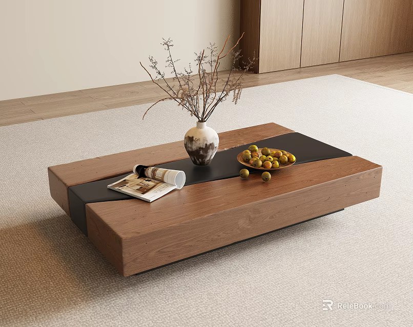 Walnut Wooden Coffee Table With Vase Dried Branches Magazine And Fruit Plate On Soft Carpet 3d model 