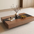 Walnut Wooden Coffee Table With Vase Dried Branches Magazine And Fruit Plate On Soft Carpet