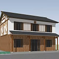 Traditional Two Story House Exterior With Wooden Walls Black Tiled Roof And Trees Near Driveway