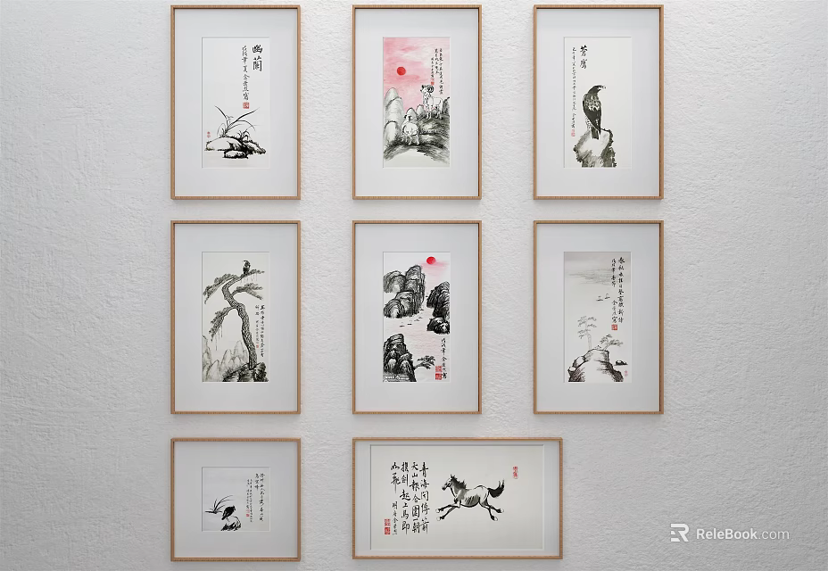 Traditional Chinese Ink Paintings Hanging On Wall With Calligraphy And Nature Themes 3d model 