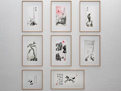 Traditional Chinese Ink Paintings Hanging On Wall With Calligraphy And Nature Themes 3d model