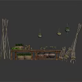Natural Outdoor Architectural Space With Wooden Table Chairs Hanging Plants And Pole Frames