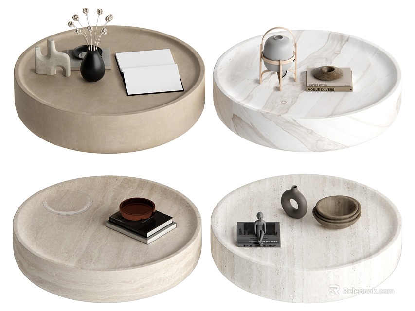 Round Coffee Tables With Marble Stone Tops And Decorative Tabletop Items 3d model 