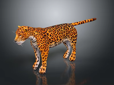 Detailed Leopard Figure With Spotted Coat Standing On Dark Reflective Surface 3d model