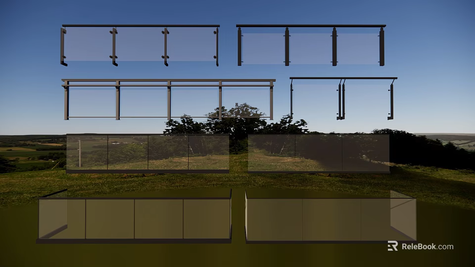 Modern Glass Railings With Metal Frames For Outdoor Balcony And Garden View 3d model 