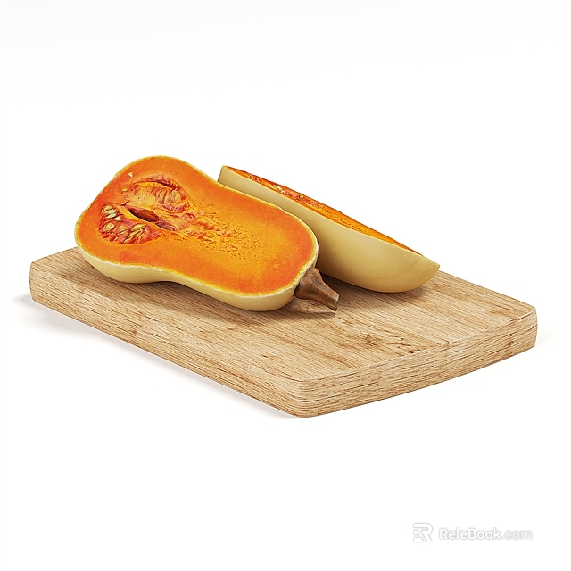 Fresh Halved Butternut Squash Displayed on Wooden Cutting Board with Visible Seeds 3d model 