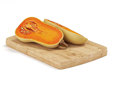 Fresh Halved Butternut Squash Displayed on Wooden Cutting Board with Visible Seeds 3d model