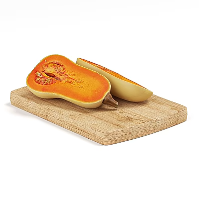 Fresh Halved Butternut Squash Displayed on Wooden Cutting Board with Visible Seeds 3d model