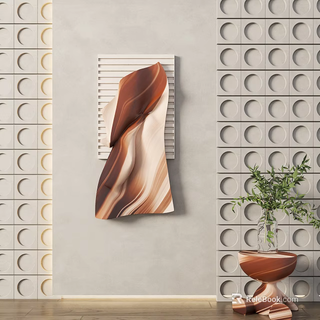Modern Wall Decor With Wavy Brown Texture On Striped Panel And Circular Pattern Wall 3d model 