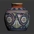 Sculpted Blue Pottery Jug with Colorful Star Flower Patterns and Beige Rim Handle
