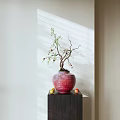 Red Vase With Flowering Branches On Dark Wooden Cabinet With Fruits Sunlight On White Wall
