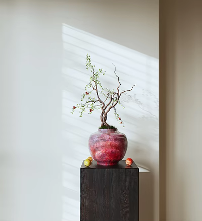 Red Vase With Flowering Branches On Dark Wooden Cabinet With Fruits Sunlight On White Wall 3d model