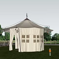 Outdoor White Tent Set In Green Grass Field With Trees And Fence
