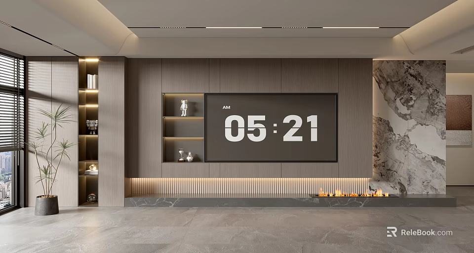 Modern TV Background Wall With Wooden Panels Built In Shelves And Ambient Lighting 3d model 