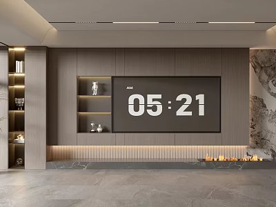 Modern TV Background Wall With Wooden Panels Built In Shelves And Ambient Lighting 3d model
