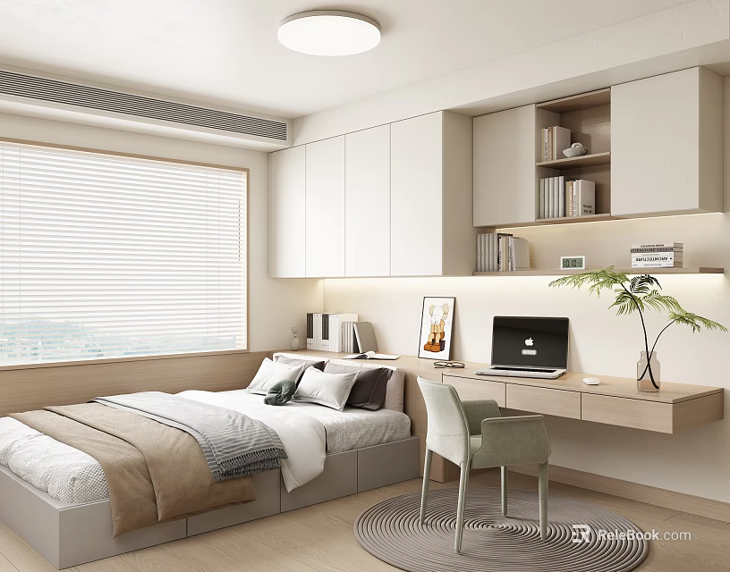 Tatami Bedroom Interior Design With Window Blinds White Cabinets Bookshelves Desk Laptop Chair And Plant 3d model 