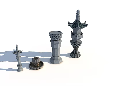 Traditional Chinese Stone Garden Ornaments With Pagoda Pillar And Incense Burner Decor 3d model