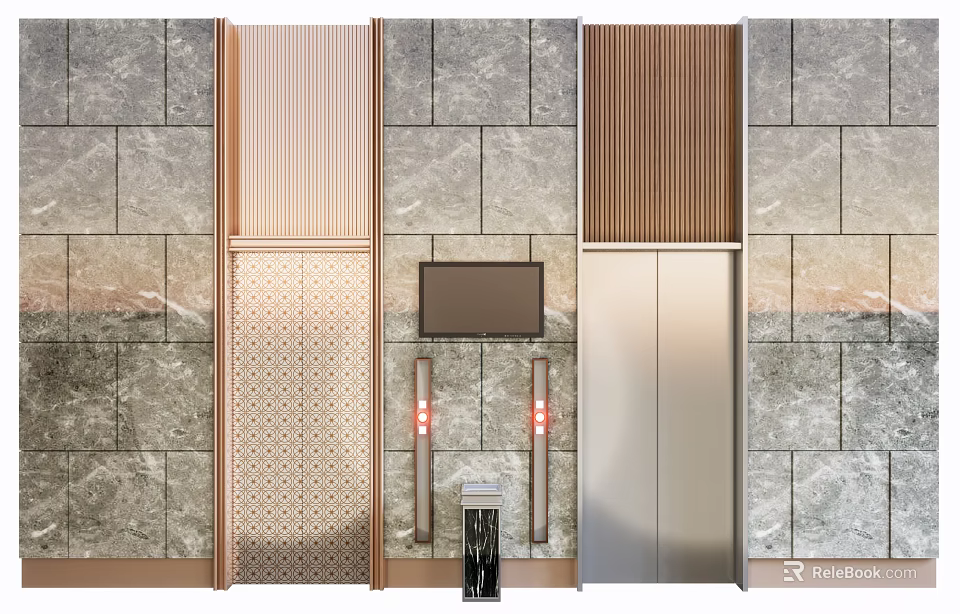 Modern Elevator Interior Design With Marble Wall And Metal Panel 3d model