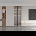 Modern Minimalist TV Background Wall Design With White Brown Cabinets And Glass Door