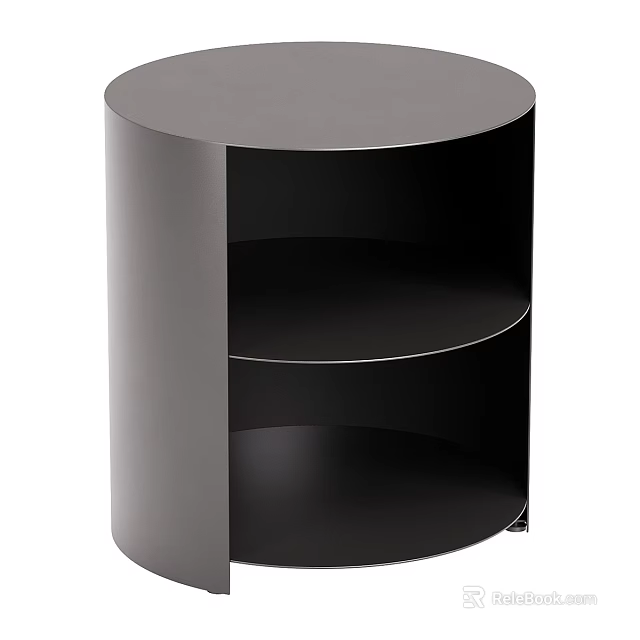 Modern Minimalist Black Round Bedside Table With Open Shelf Storage Design 3d model 