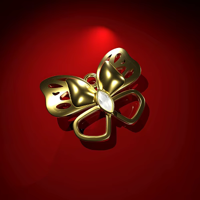 Golden Butterfly Brooch With White Gemstone On Red Background Shiny Design 3d model