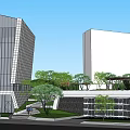 Modern Office Building With Abstract Geometric Design Glass Curtain Wall And Greenery