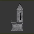 Scenic Landscape Featuring Ancient Stone Structure with Spires Triangular Window Carved Base and Black Drapery