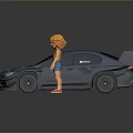 Blue Racing Car With Blonde Cartoon Character In Yellow Top And Red Shoes