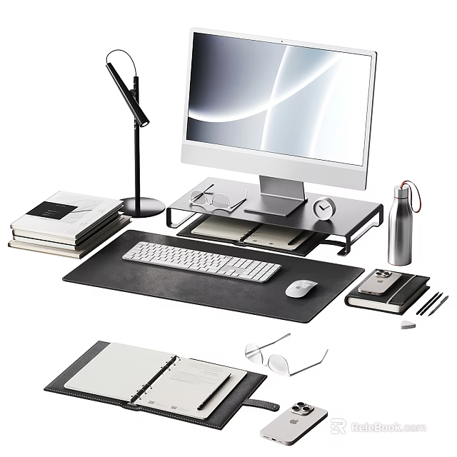 Organized Books Magazines On Modern Desk Workspace With Computer Lamp Stationery And Notebooks 3d model 