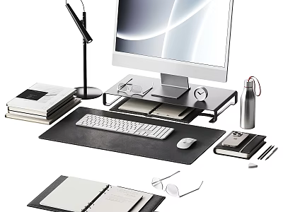 Organized Books Magazines On Modern Desk Workspace With Computer Lamp Stationery And Notebooks 3d model