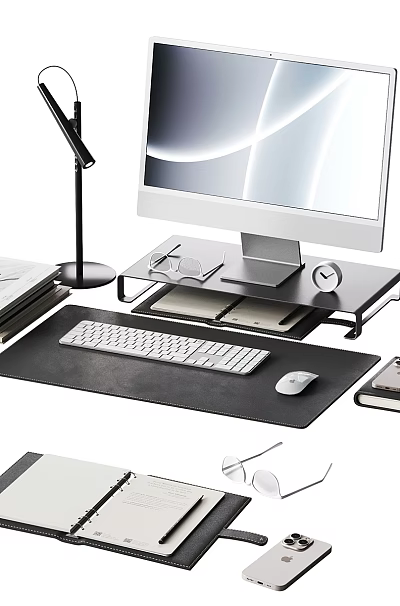 Organized Books Magazines On Modern Desk Workspace With Computer Lamp Stationery And Notebooks 3d model