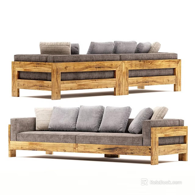 Outdoor Sofa With Solid Wooden Frame Gray Cushions And Beige Pillows 3d model 