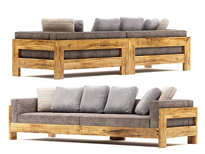 Outdoor Sofa With Solid Wooden Frame Gray Cushions And Beige Pillows 3d model