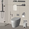 Modern White Toilet In Bathroom Interior With Glass Shower Door Towel Rack And Trash Bin