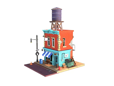 Two Story Blue And Orange Building With Water Tower Street Lamp Trash Can And Storefront 3d model