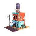 Two Story Blue And Orange Building With Water Tower Street Lamp Trash Can And Storefront