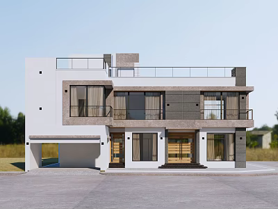 Modern Two Story Detached Villa Exterior With Balcony Garage And Large Windows 3d model