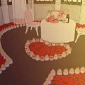Elegant Banquet Hall With Chandeliers Large Windows Red Carpet Central Table And Heart Decorations