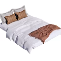 Double Bed with White Bed Sheets Comforter Brown Pillows and Throw Blanket 3d model