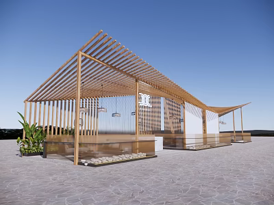 Modern Open Air Café Exterior With Wooden Structure And Green Plants 3d model